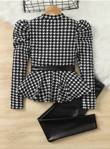 Houndstooth Print Leg-Of-Mutton Sleeve Belted Peplum Tee & PU Pants- Tween Girls