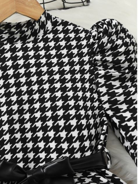 Houndstooth Print Leg-Of-Mutton Sleeve Belted Peplum Tee & PU Pants- Tween Girls