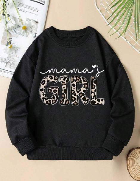 Young Girl Casual Loose Fit Leopard Print Letter Graphic Sweatshirt - Red, White, Black