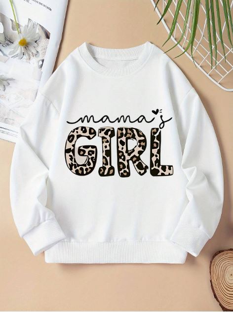 Young Girl Casual Loose Fit Leopard Print Letter Graphic Sweatshirt - Red, White, Black