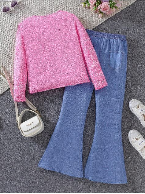 Tween Girl Cat Print Long Sleeve T-Shirt & Blue Flared Pants 2Pcs Set