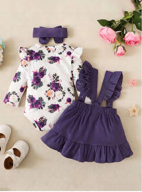 Baby Girl Floral Print Ruffle Trim Bodysuit & Pinafore Skirt & Headband- Formal Wear