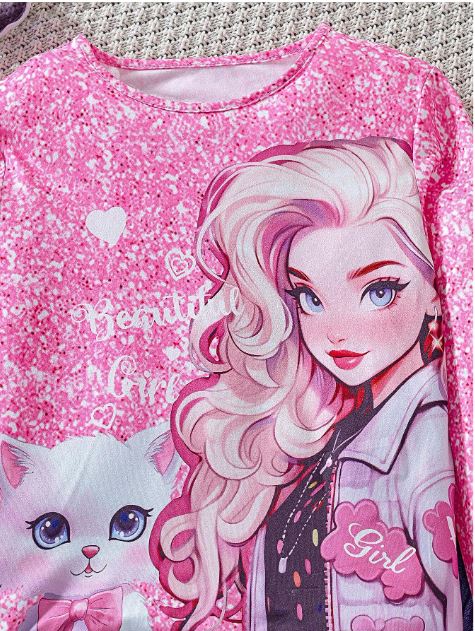 Tween Girl Cat Print Long Sleeve T-Shirt & Blue Flared Pants 2Pcs Set