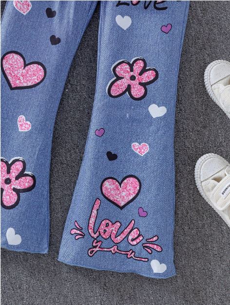 Tween Girl Cat Print Long Sleeve T-Shirt & Blue Flared Pants 2Pcs Set