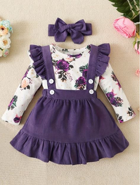 Baby Girl Floral Print Ruffle Trim Bodysuit & Pinafore Skirt & Headband- Formal Wear
