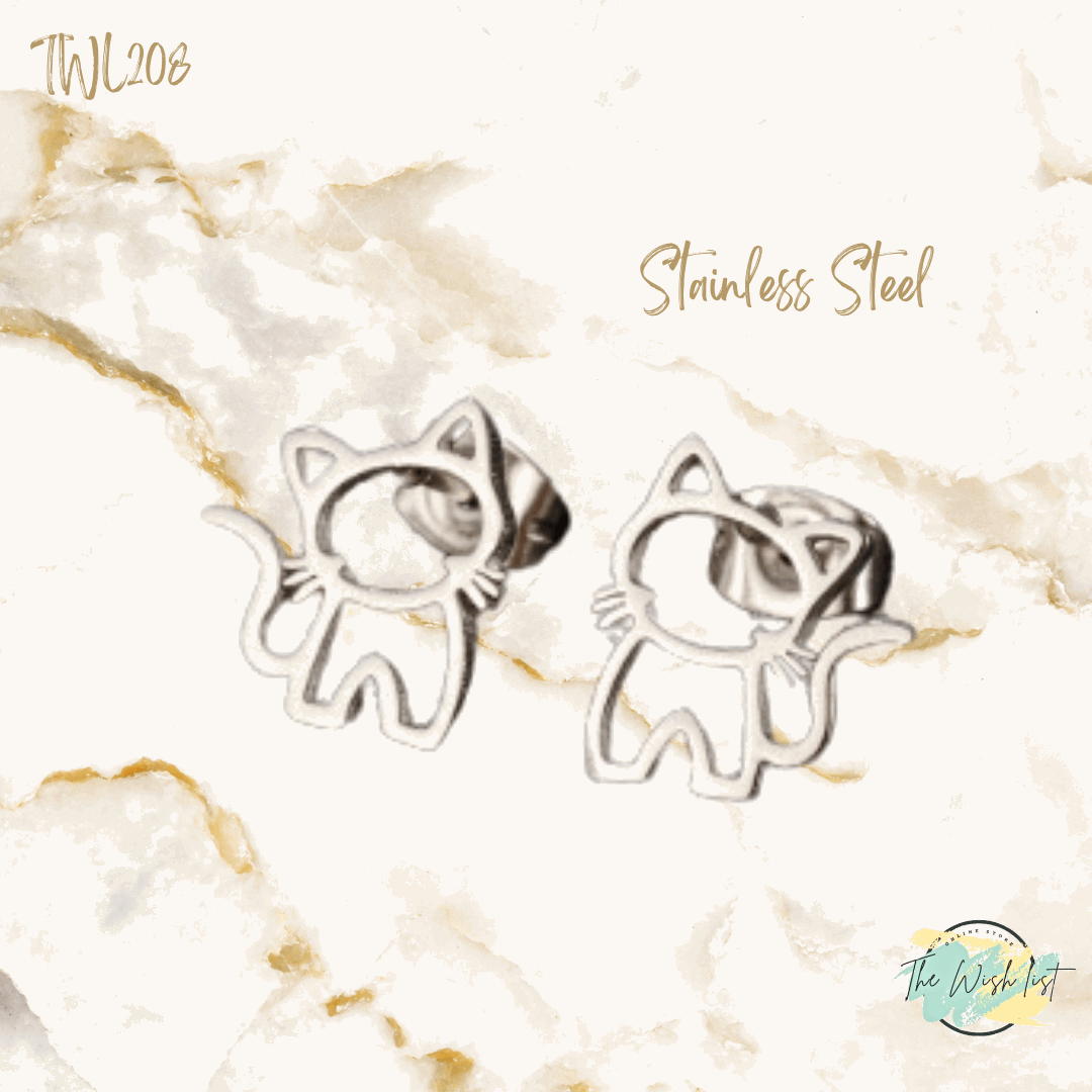Cat Stainless Steel Stud earrings , Small Stud earrings- Gold & Silver
