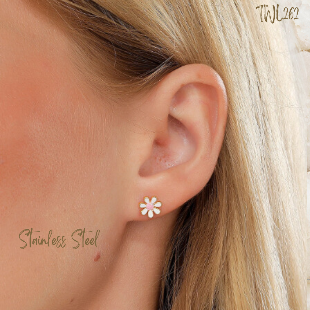 Flower Decor Stud Earrings - Stainless Steel