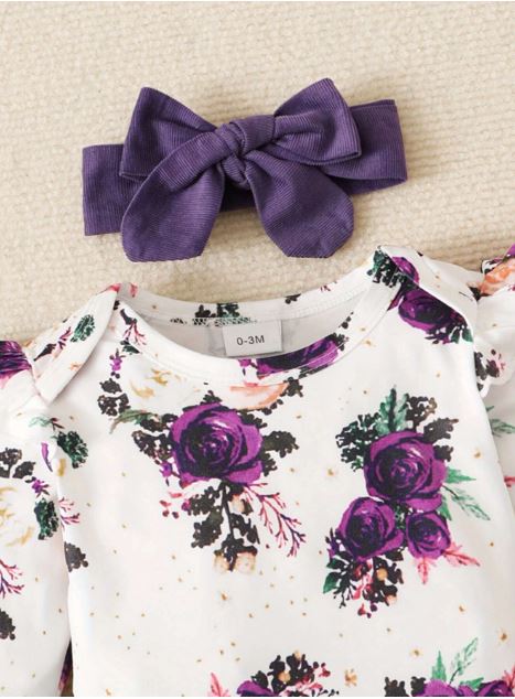 Baby Girl Floral Print Ruffle Trim Bodysuit & Pinafore Skirt & Headband- Formal Wear
