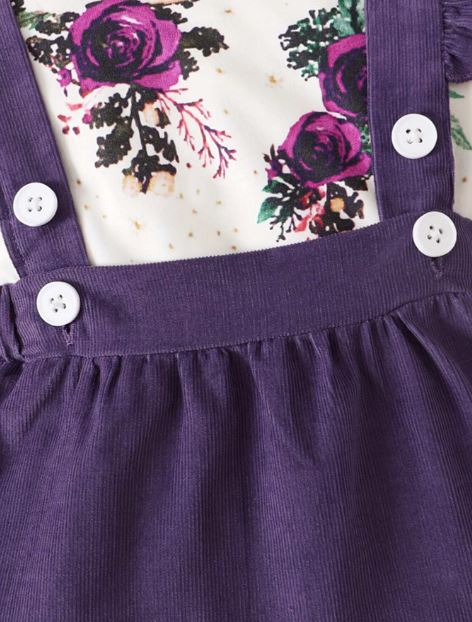 Baby Girl Floral Print Ruffle Trim Bodysuit & Pinafore Skirt & Headband- Formal Wear