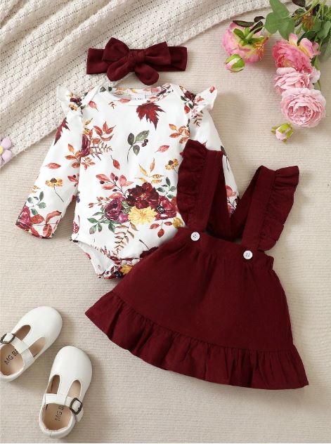 Baby Girl Floral Print Ruffle Trim Bodysuit & Pinafore Skirt & Headband- Formal Wear