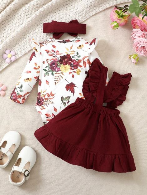 Baby Girl Floral Print Ruffle Trim Bodysuit & Pinafore Skirt & Headband- Formal Wear