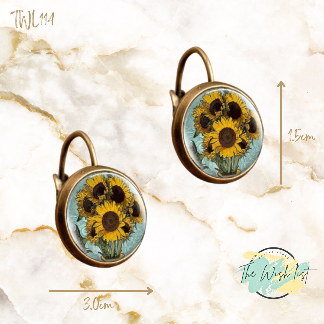 Sunflower pattern round earrings, copper jewelry