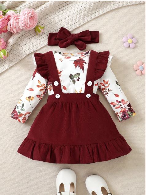 Baby Girl Floral Print Ruffle Trim Bodysuit & Pinafore Skirt & Headband- Formal Wear
