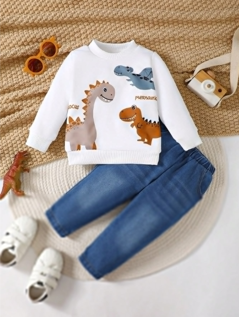 Baby Boys' Cute Dinosaur Round Neck Sweatshirt + Denim Pants Two Pieces Set