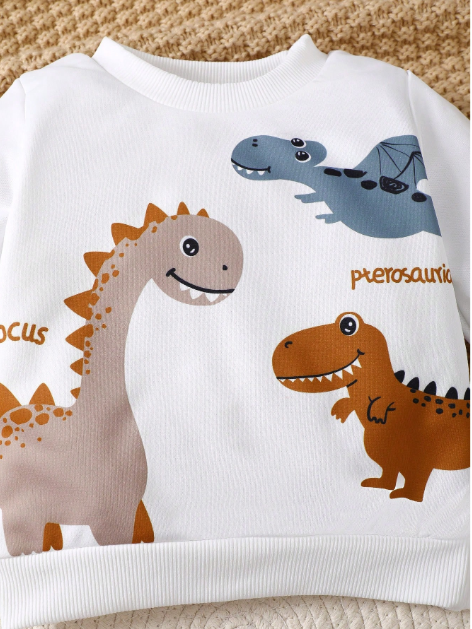 Baby Boys' Cute Dinosaur Round Neck Sweatshirt + Denim Pants Two Pieces Set