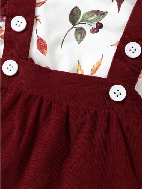 Baby Girl Floral Print Ruffle Trim Bodysuit & Pinafore Skirt & Headband- Formal Wear