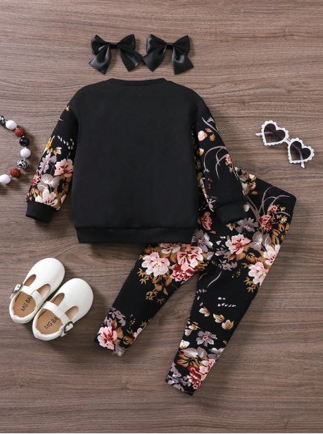 Baby Girl Floral Print Knitted Crew Neck Long Sleeve Top And Leggings 2pcs/Set
