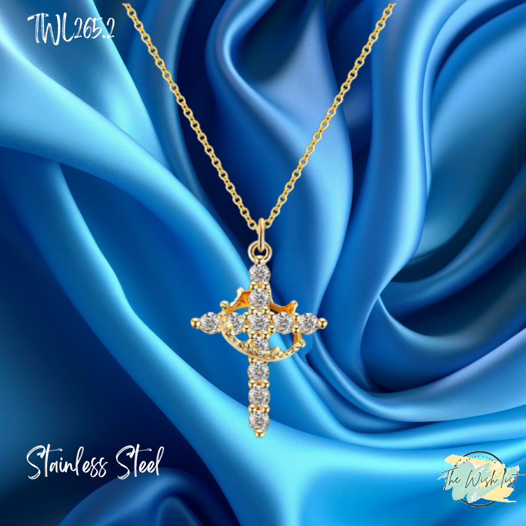 Cross Necklace with Crown, Dainty Paved Rotated Cross Pendant Necklace Rotating- Gold & Silver