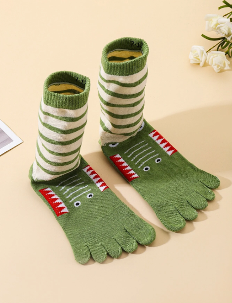 Toddler Boys Striped & Cartoon Graphic Toe Socks/ Crocodile Toe Socks