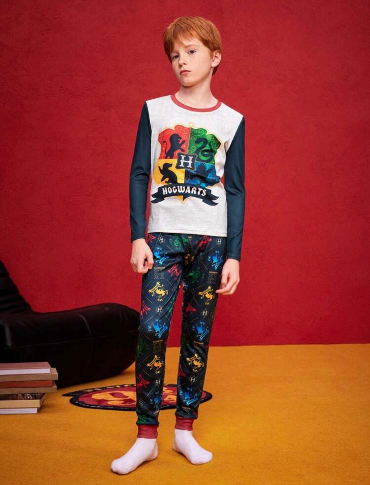 HARRY POTTER Tween Boy Cartoon Casual Hogwarts 4 Houses Badge Graphic Patchwork Long Sleeve T-Shirt & Pants 2-Piece Snug Fit Pajamas Set