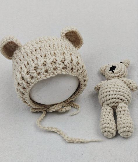 Crochet Baby Bear Hat and Crochet Bear Doll Knit Toy Accessories- Photoshoot set - Newborn shoot