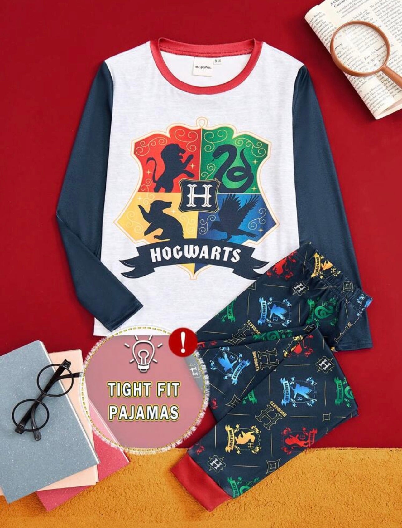 HARRY POTTER Tween Boy Cartoon Casual Hogwarts 4 Houses Badge Graphic Patchwork Long Sleeve T-Shirt & Pants 2-Piece Snug Fit Pajamas Set