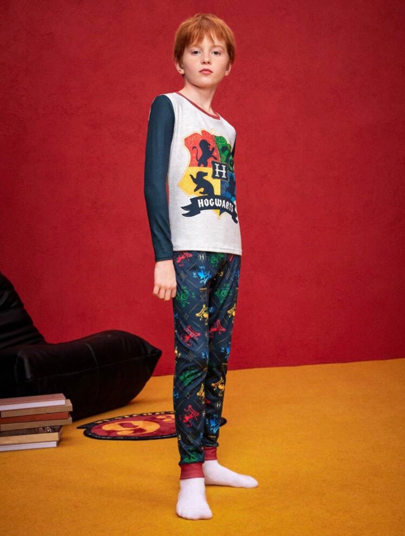 HARRY POTTER Tween Boy Cartoon Casual Hogwarts 4 Houses Badge Graphic Patchwork Long Sleeve T-Shirt & Pants 2-Piece Snug Fit Pajamas Set