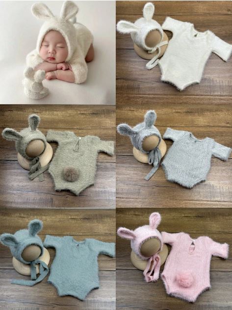 Newborn Baby Photography Outfit, Soft Mink Velvet Bunny Ear Hat And Romper Set for boys and girls