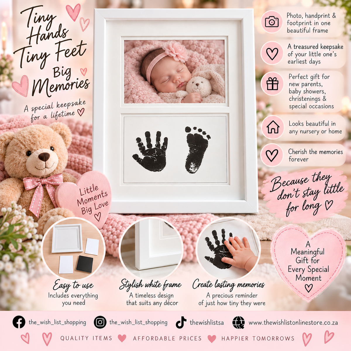 Baby Handprint Footprint Keepsake Photo Frame Tiny Hands, Tiny Feet, Big Memories. - White