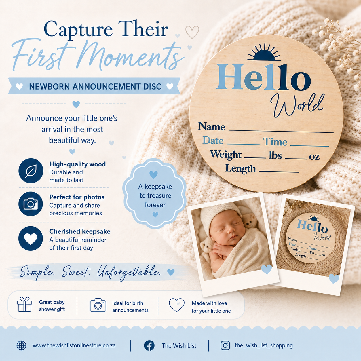 Hello World Wooden Birth Announcement Disc - Blue