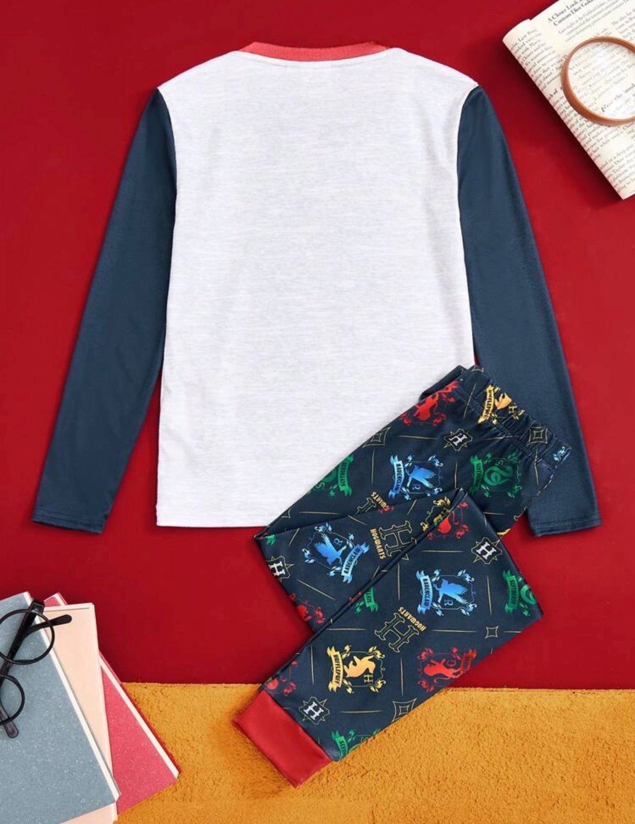 HARRY POTTER Tween Boy Cartoon Casual Hogwarts 4 Houses Badge Graphic Patchwork Long Sleeve T-Shirt & Pants 2-Piece Snug Fit Pajamas Set