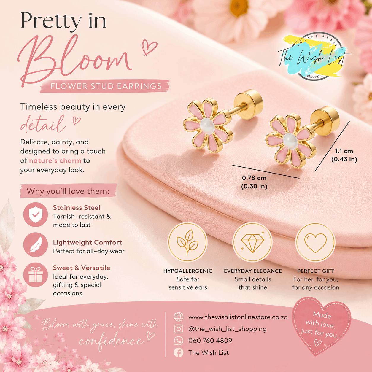 Flower Decor Stud Earrings - Stainless Steel