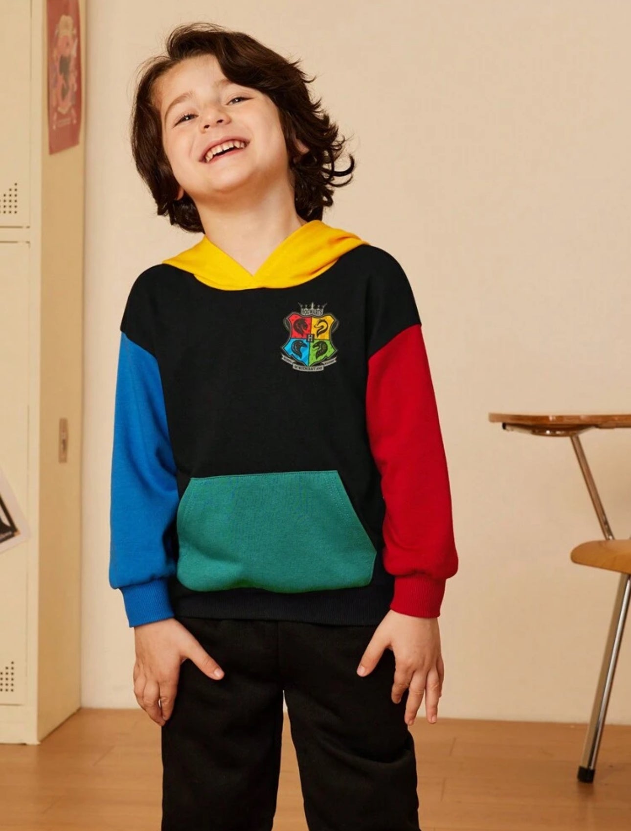 HARRY POTTER Young Boy Hogwarts Badge Print Casual Color Block Hooded Black Sweatshirt