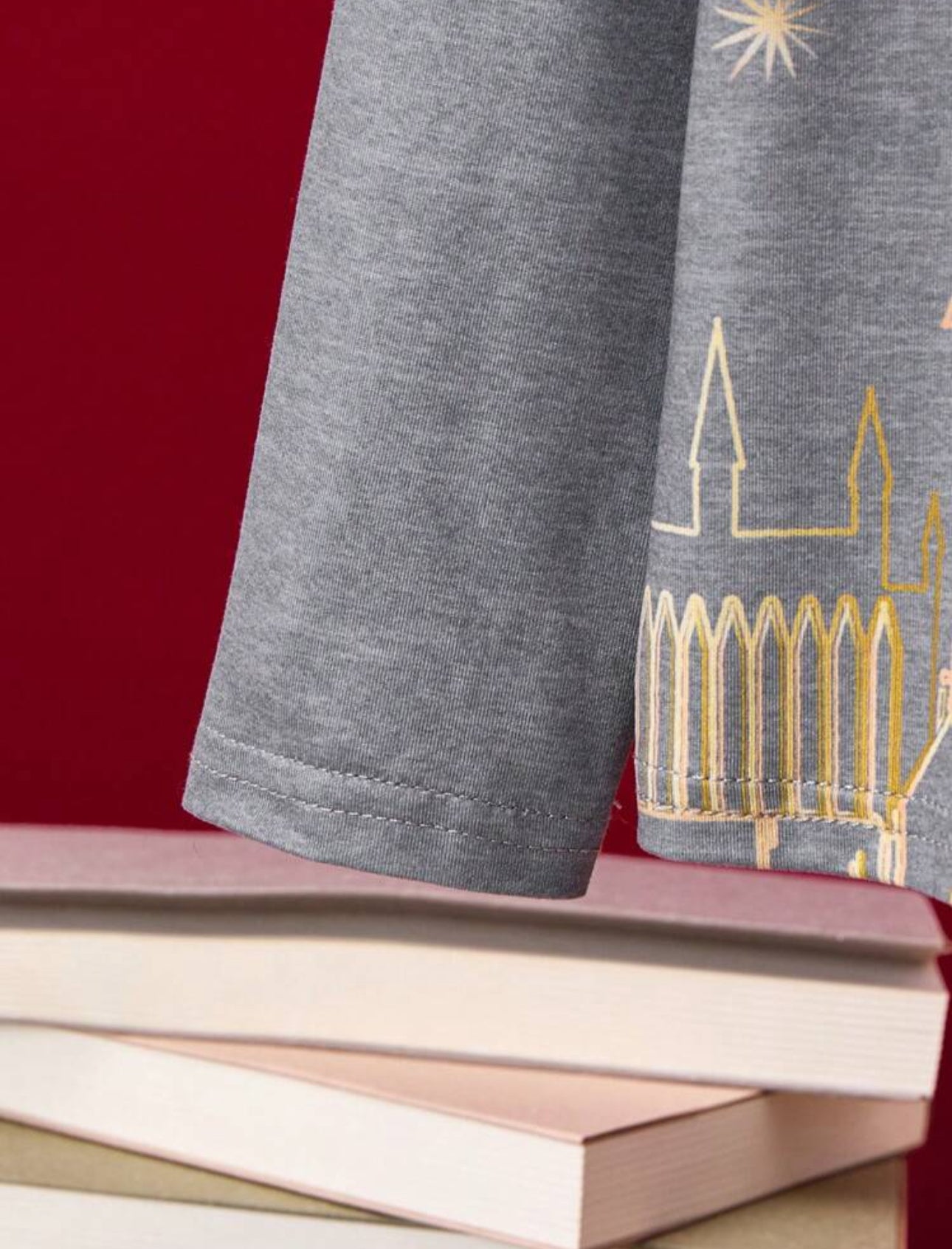 HARRY POTTER 2pcs/Set Cartoon Castle Owl Letter Print Grey Casual Long Sleeve T-Shirt And Pants Home Pajamas Outfit