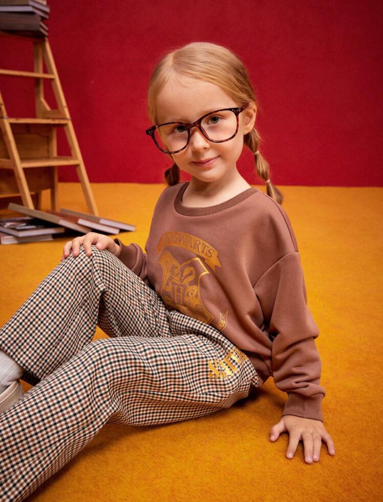 HARRY POTTER Young Girl Set, Includes Foil Hot Stamping Badge Logo Round Neck Knit Sweatshirt And Plaid Baggy Bell Bottoms, 2 Pieces Outfit, Preppy Style
