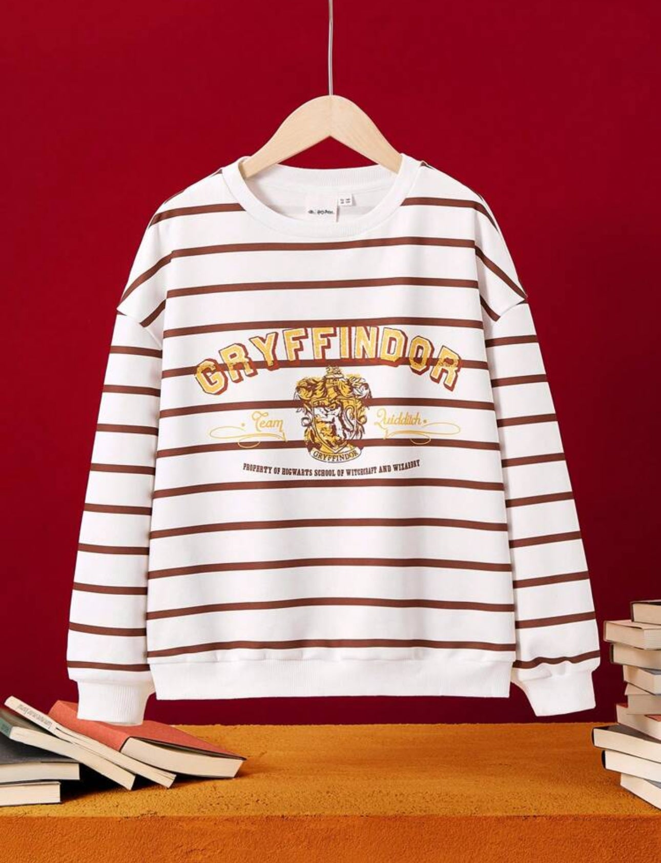 HARRY POTTER Tween Girl Retro Sports College Casual Gryffindor House Badge And Stripe Pattern White Dropped Shoulder Loose Sweatshirt