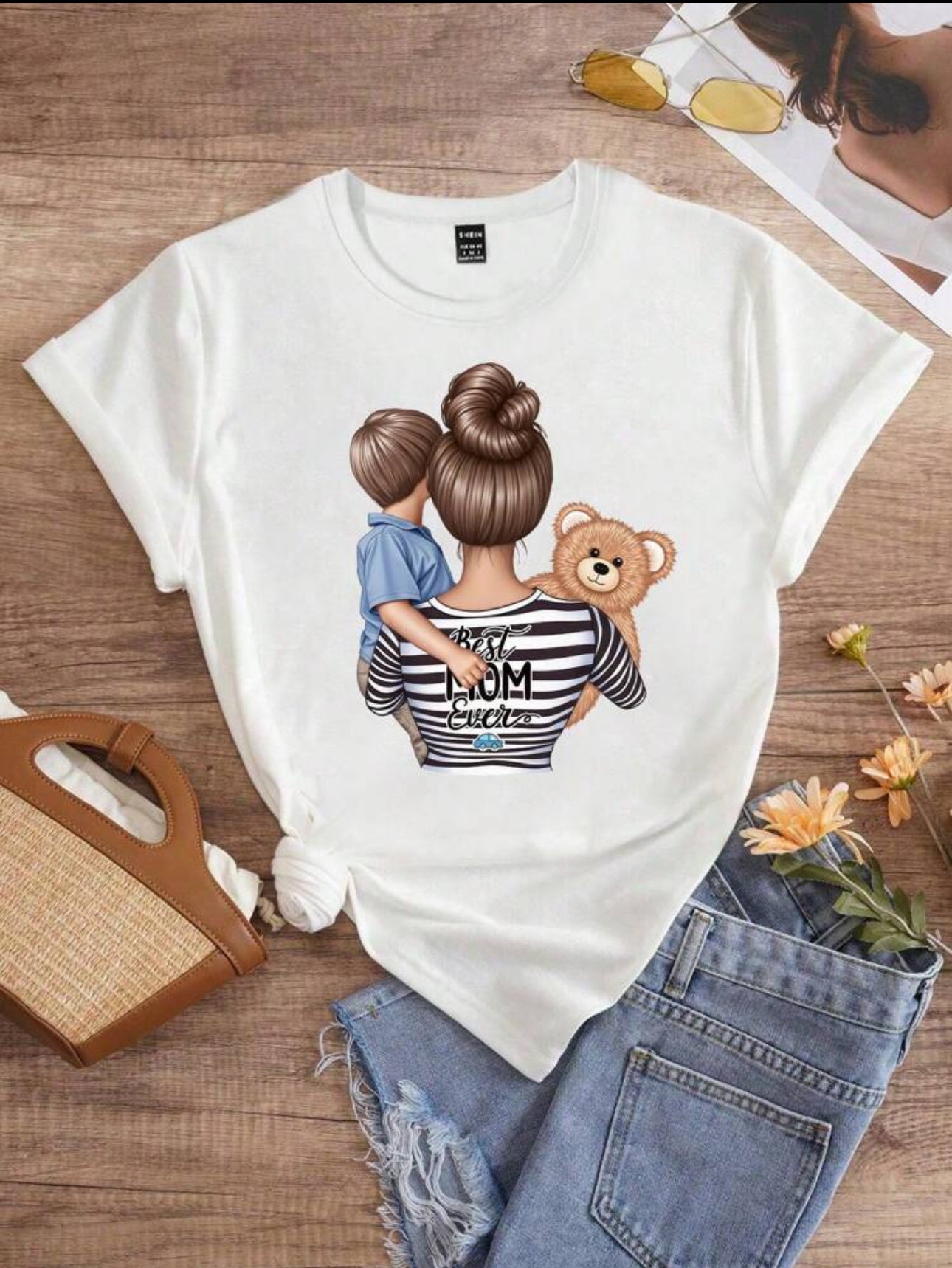 Mother's Day Women Casual Creative Cartoon Warm Mother-Child Silhouette Print Basic Short Sleeve T-Shirt