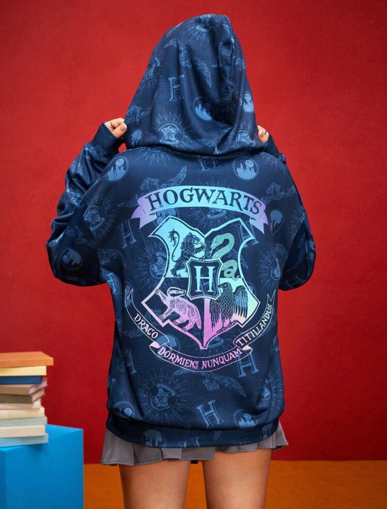 HARRY POTTER Women Preppy Style Hogwarts Badge & Letter Print Graphic Drop Shoulder Oversized Zip Up Hoodie