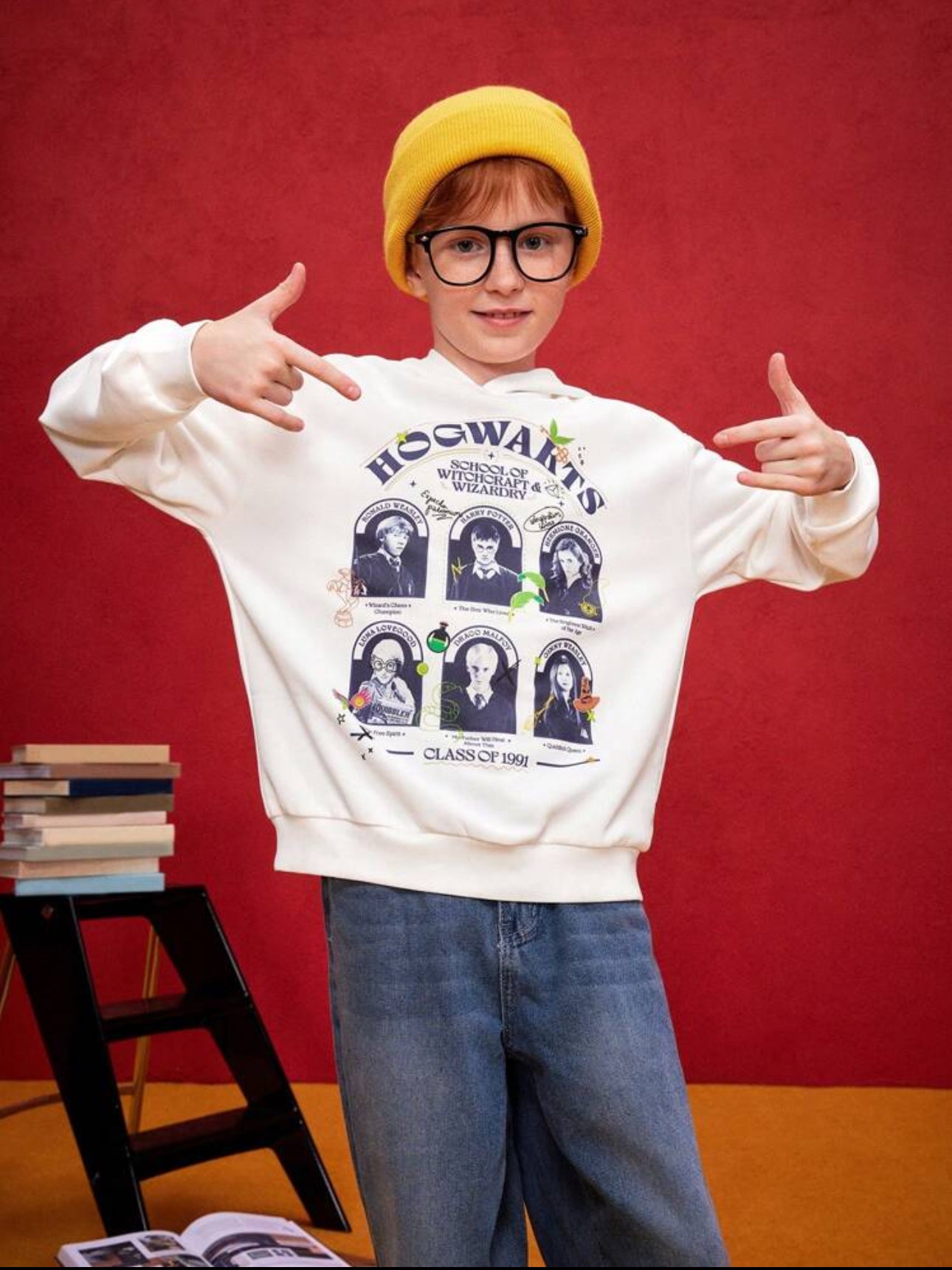 HARRY POTTER Tween Boy Vintage Campus Wizardry Hogwarts Portrait Silhouette Print Hooded Dropped Shoulder Loose Fit Sweatshirt