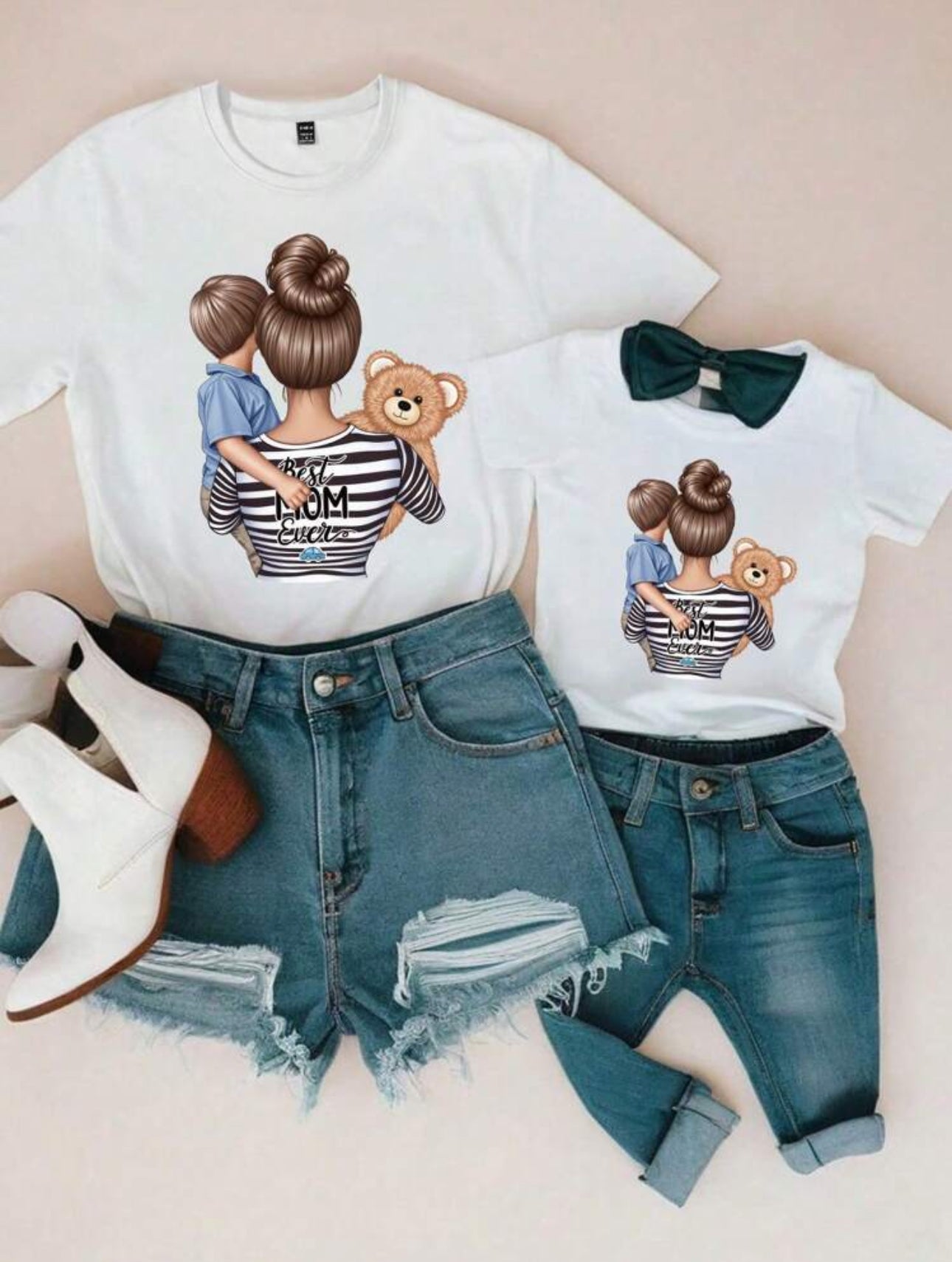 Mother's Day Women Casual Creative Cartoon Warm Mother-Child Silhouette Print Basic Short Sleeve T-Shirt