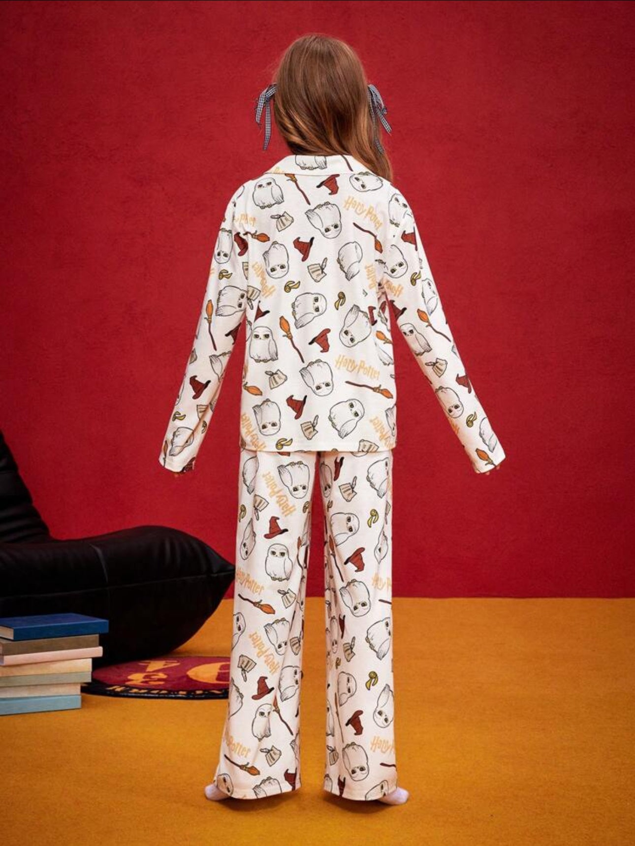 HARRY POTTER Tween Girl Cartoon Wizardry Owl Hedwig All Over Print Lapel Collar Shirt And Lounge Pants