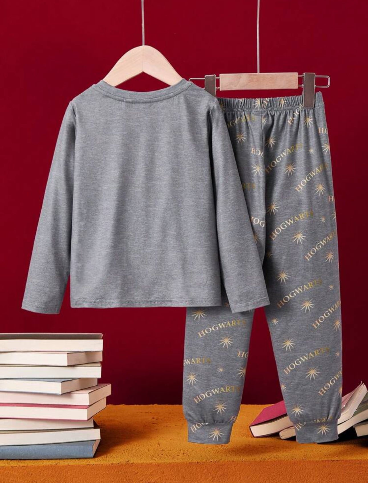 HARRY POTTER 2pcs/Set Cartoon Castle Owl Letter Print Grey Casual Long Sleeve T-Shirt And Pants Home Pajamas Outfit