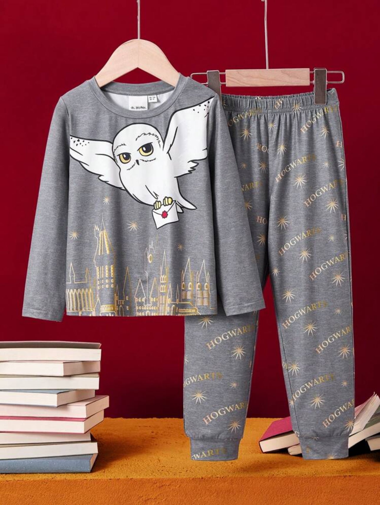 HARRY POTTER 2pcs/Set Cartoon Castle Owl Letter Print Grey Casual Long Sleeve T-Shirt And Pants Home Pajamas Outfit
