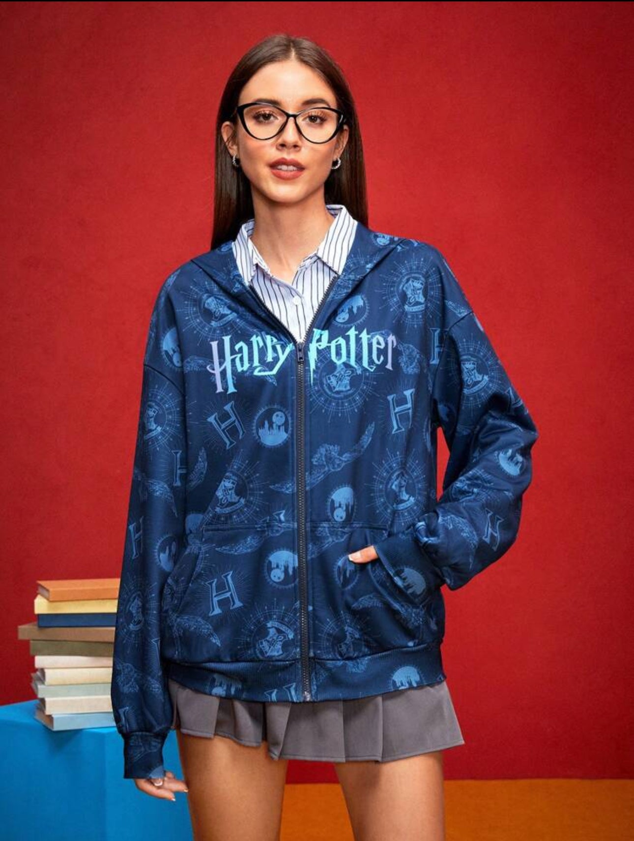 HARRY POTTER Women Preppy Style Hogwarts Badge & Letter Print Graphic Drop Shoulder Oversized Zip Up Hoodie