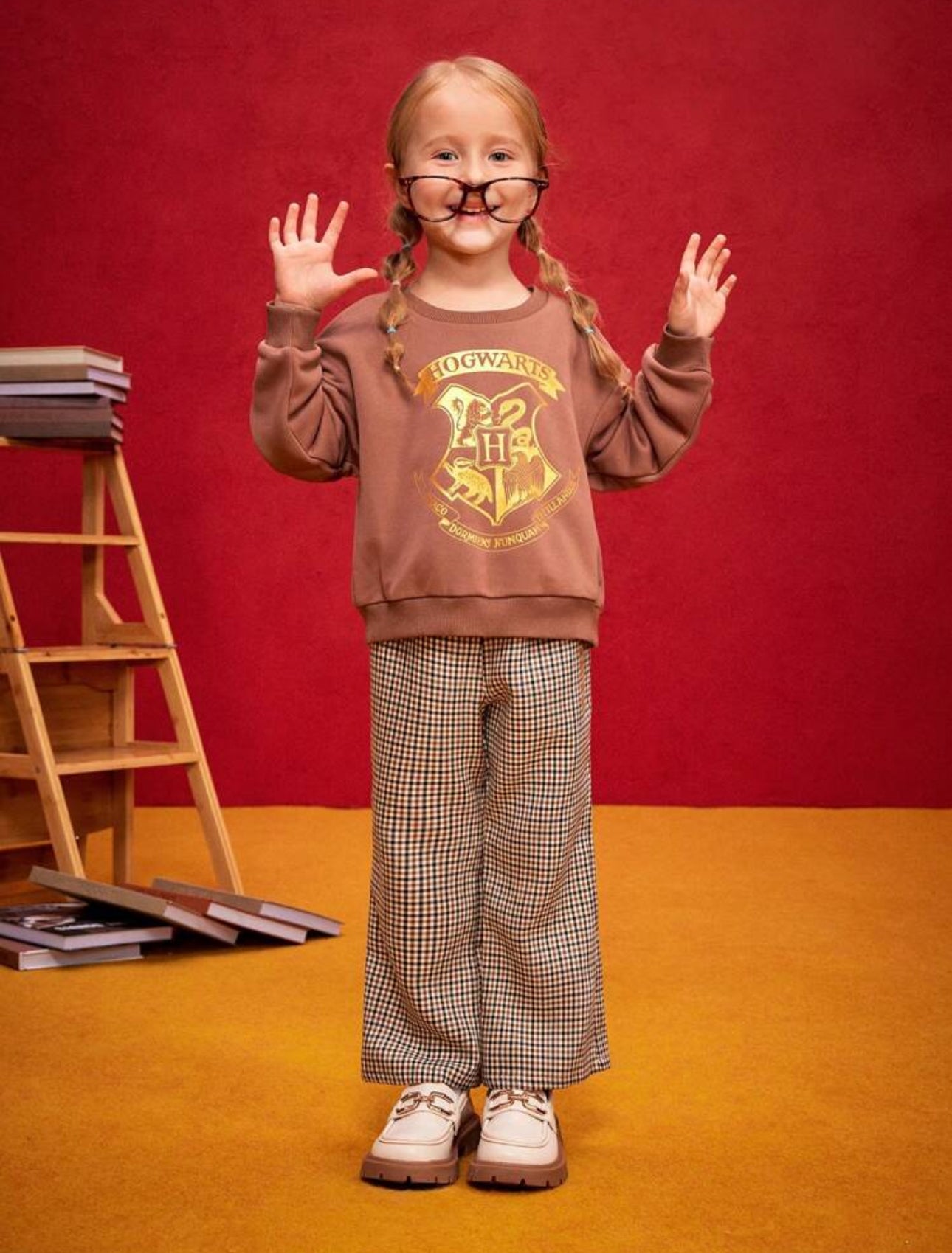 HARRY POTTER Young Girl Set, Includes Foil Hot Stamping Badge Logo Round Neck Knit Sweatshirt And Plaid Baggy Bell Bottoms, 2 Pieces Outfit, Preppy Style