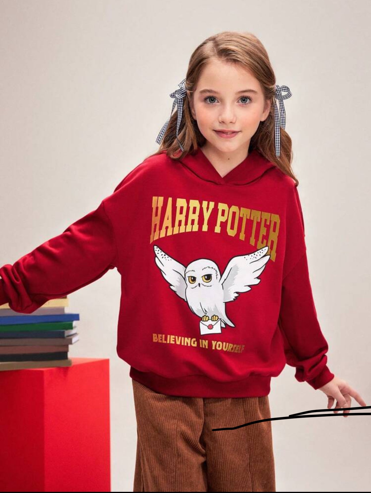 HARRY POTTER Tween Girl Cartoon Owl & Letter Print Red Casual Versatile Hoodie Sweatshirt