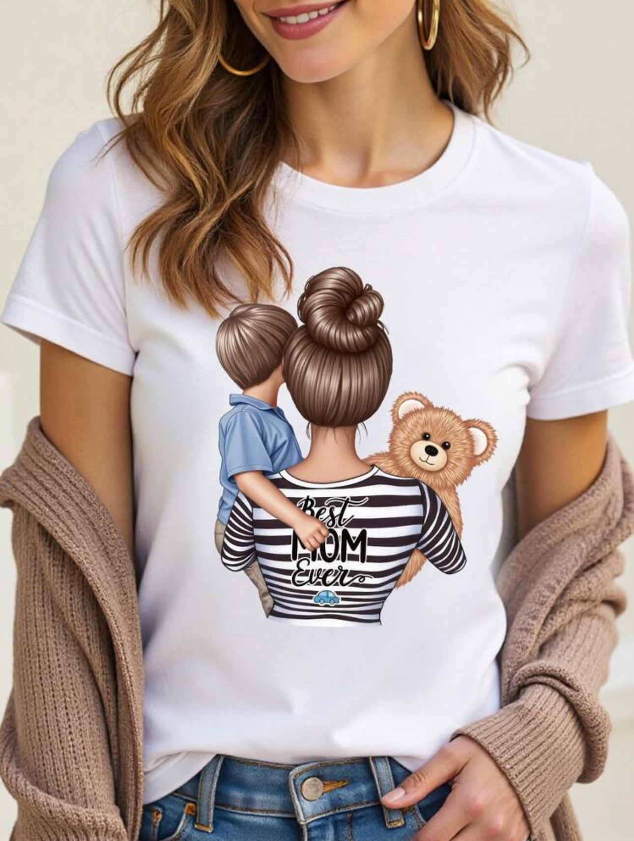 Mother's Day Women Casual Creative Cartoon Warm Mother-Child Silhouette Print Basic Short Sleeve T-Shirt