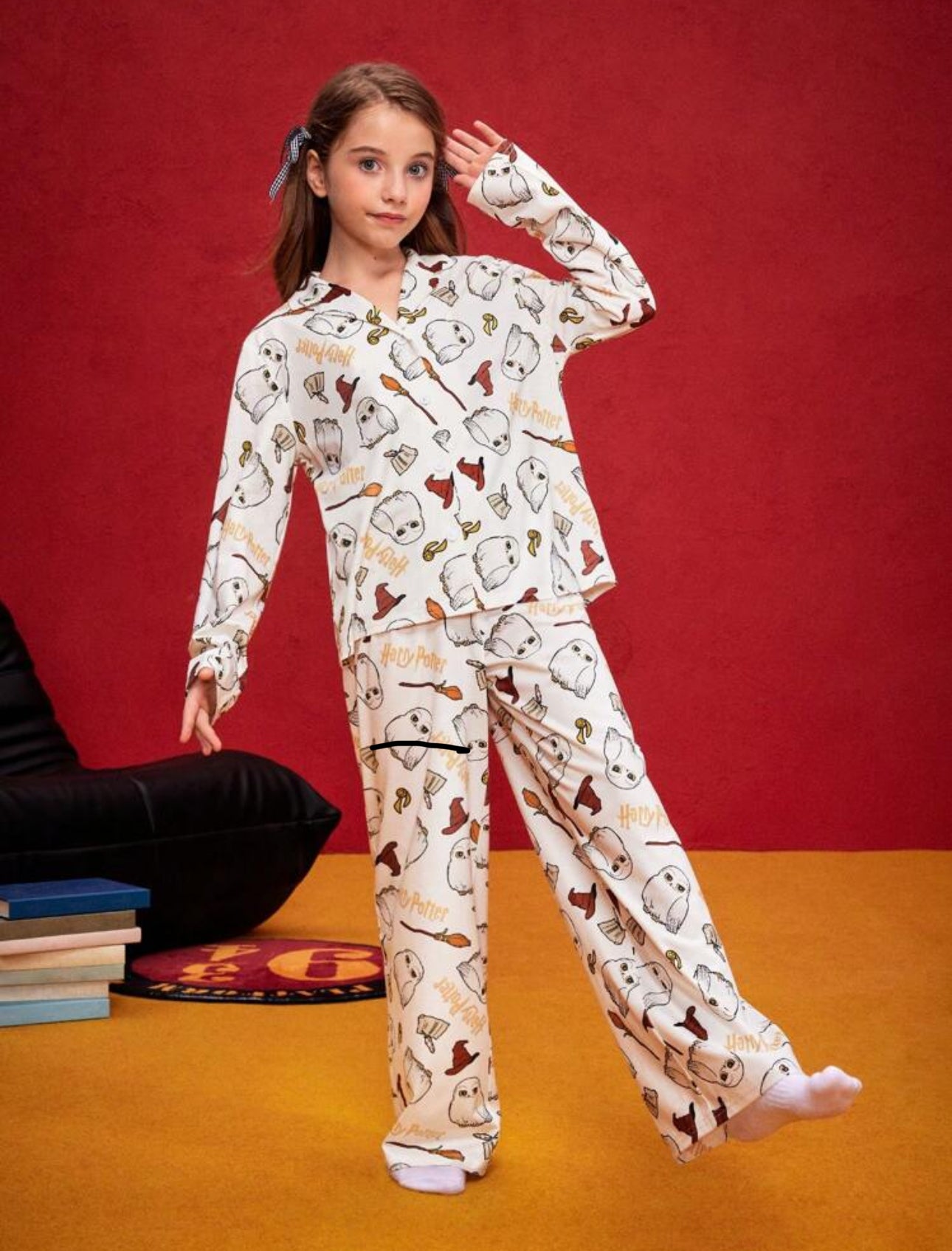 HARRY POTTER Tween Girl Cartoon Wizardry Owl Hedwig All Over Print Lapel Collar Shirt And Lounge Pants