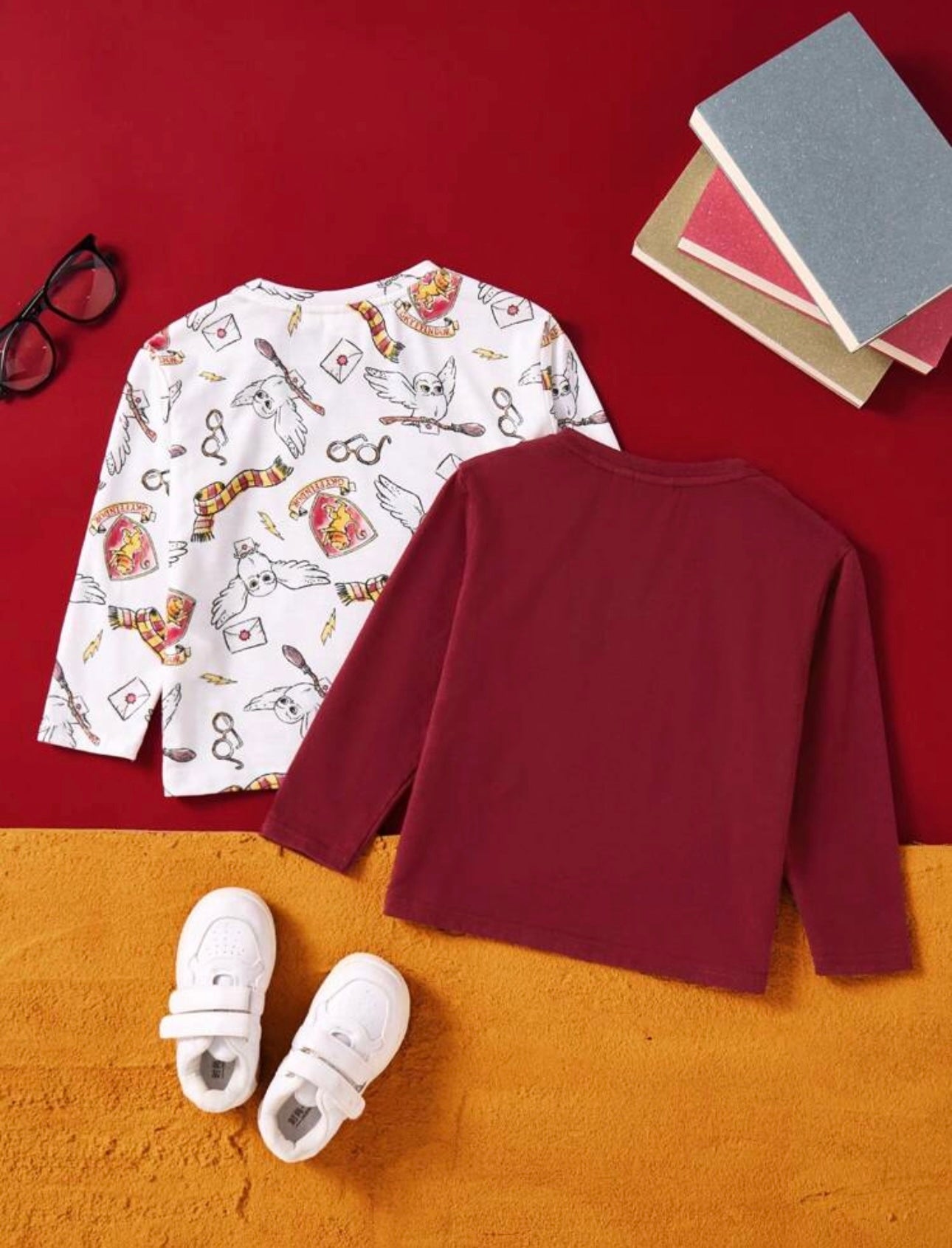 HARRY POTTER X Young Girl 2pcs/Set Cartoon Cat Owl Lion Badge Print Cute White Long Sleeve T-Shirt And Burgundy Casual Versatile Long Sleeve T-Shirt,
