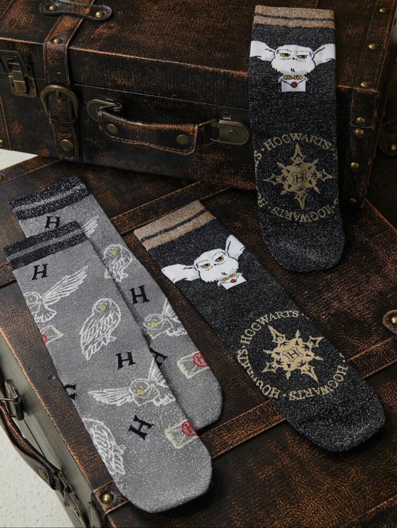 HARRY POTTER Women's 2 Pairs Hedwig Pattern Silver Lurex Mid-Calf Socks